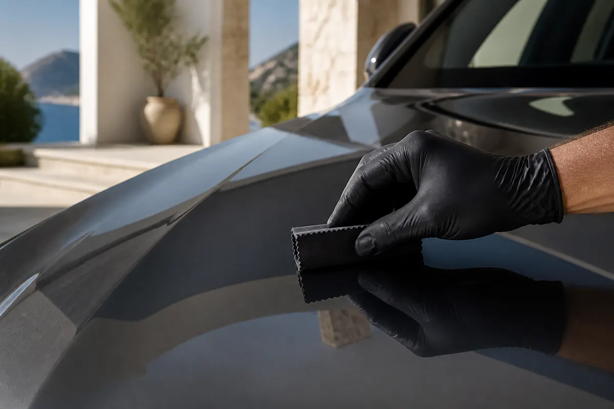 Water beading tightly on the deep black paintwork of a coated car panel